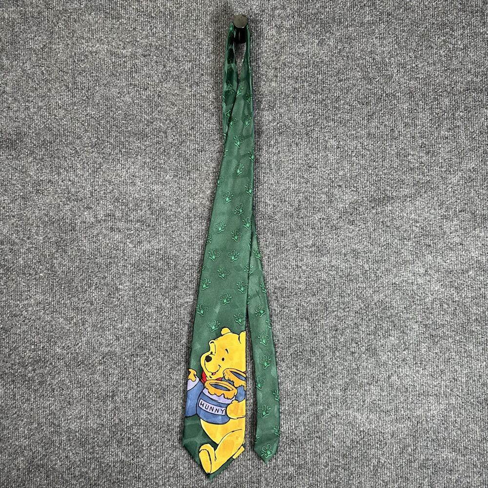 VTG Disney Winnie The Pooh Neck Tie Green Hunny Pot Bees Necktie 90s Office - Picture 2 of 7